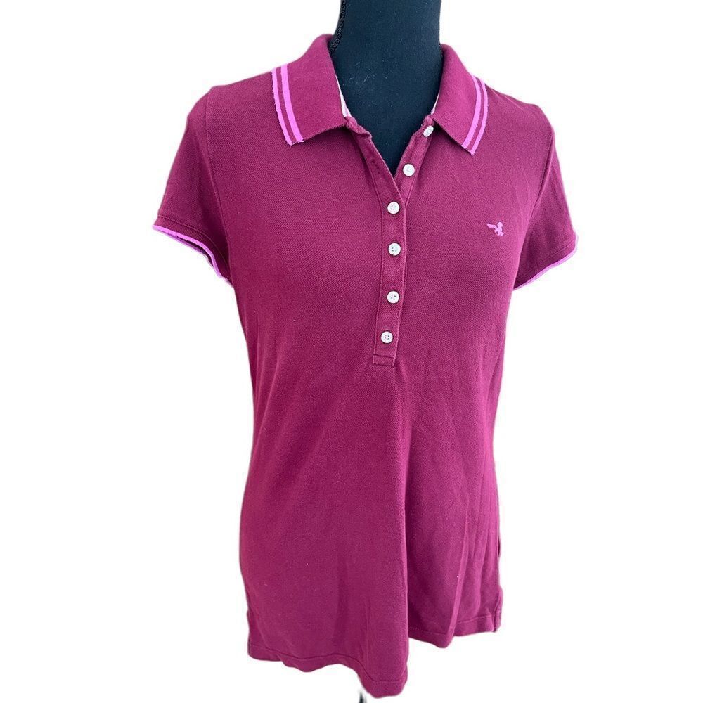American Eagle Outfitters burgundy /pink trim button front polo shirt, size L